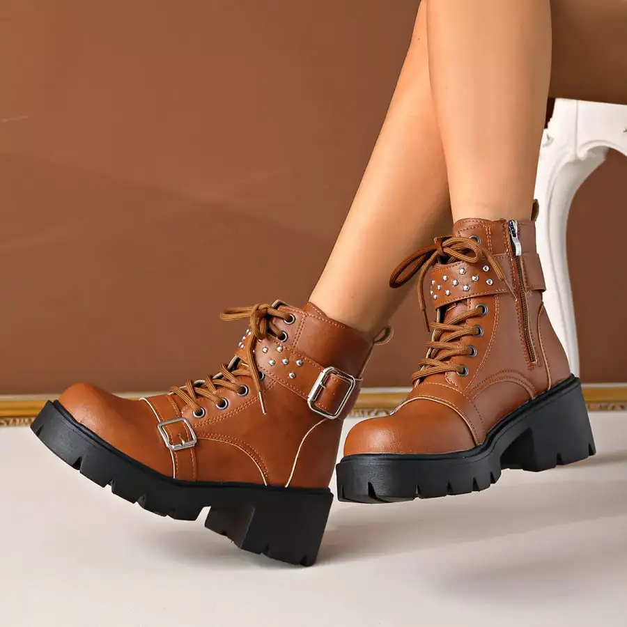 Classic Round Toe Block Heels Boots