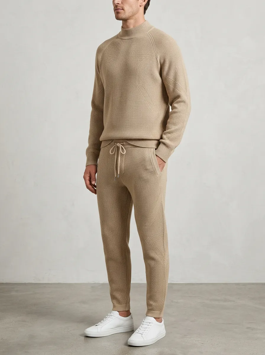 Refined Waffle-Knit Minimal Men's Knit Sweater Tracksuit Set