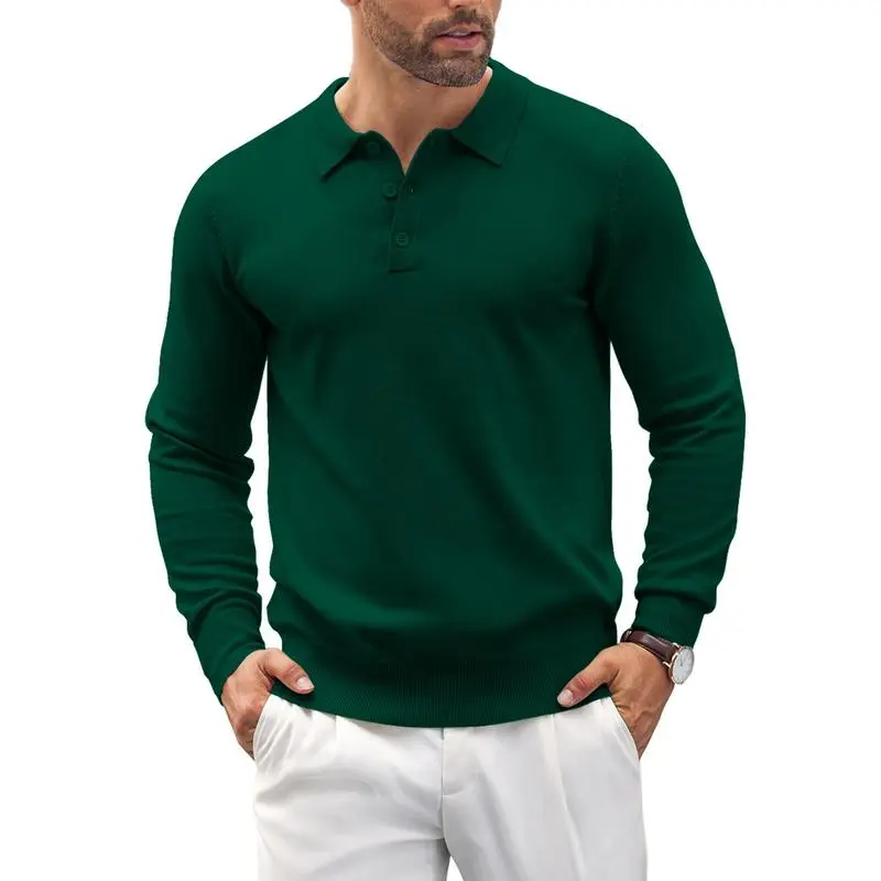 🧵 Men’s Soft Knit Long Sleeve Polo Shirt – Classic Style, Modern Comfort