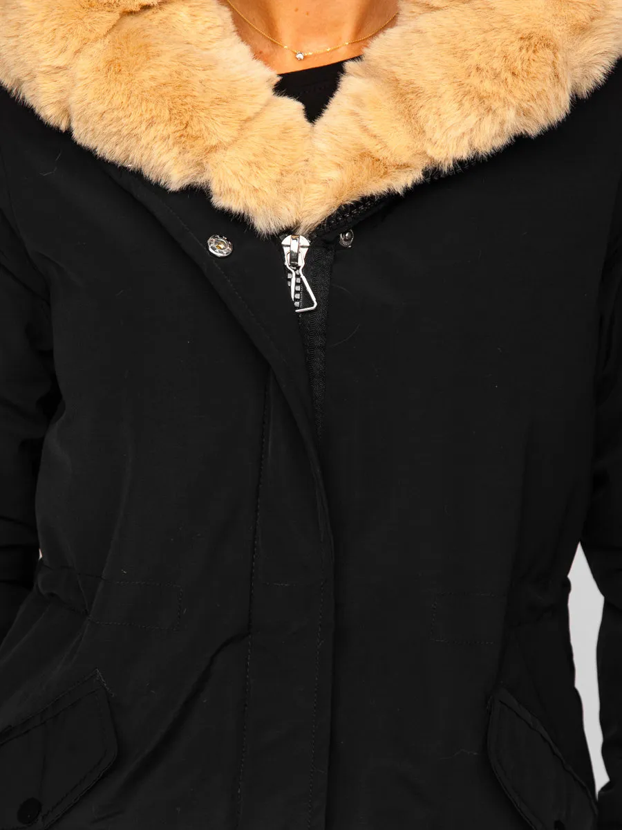 Black women's winter parka jacket with hood