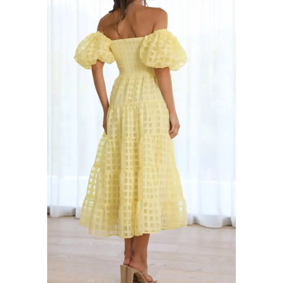 Off Shoulder Short Puff Sleeve Midi Dress