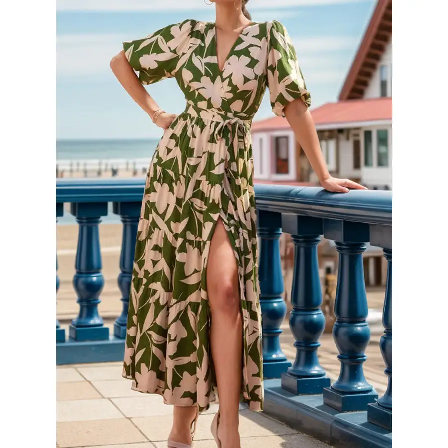 Tied Slit Printed Half Sleeve Midi Dress