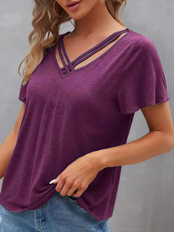 Relaxed Curve Fit Cutout Panel Detail V-Neck Polyester T-Shirt