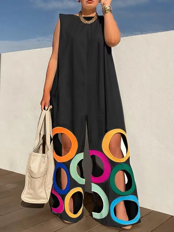Losse Mouwloze Holle Jumpsuits Met Contrasterende Kleuren