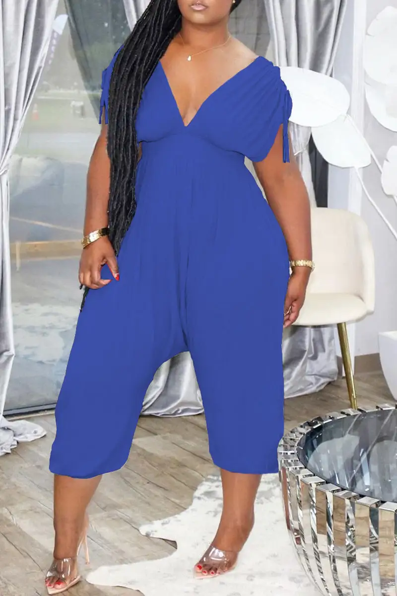 Fashion Casual Solid Draw String V Neck Regular Jumpsuits