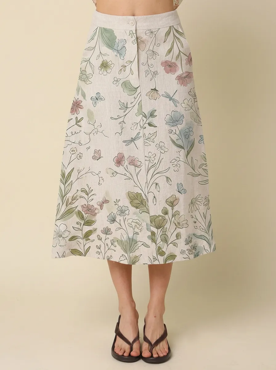 Women's High-Waist Botanical Garden Floral Butterfly Printed Midi Skirt