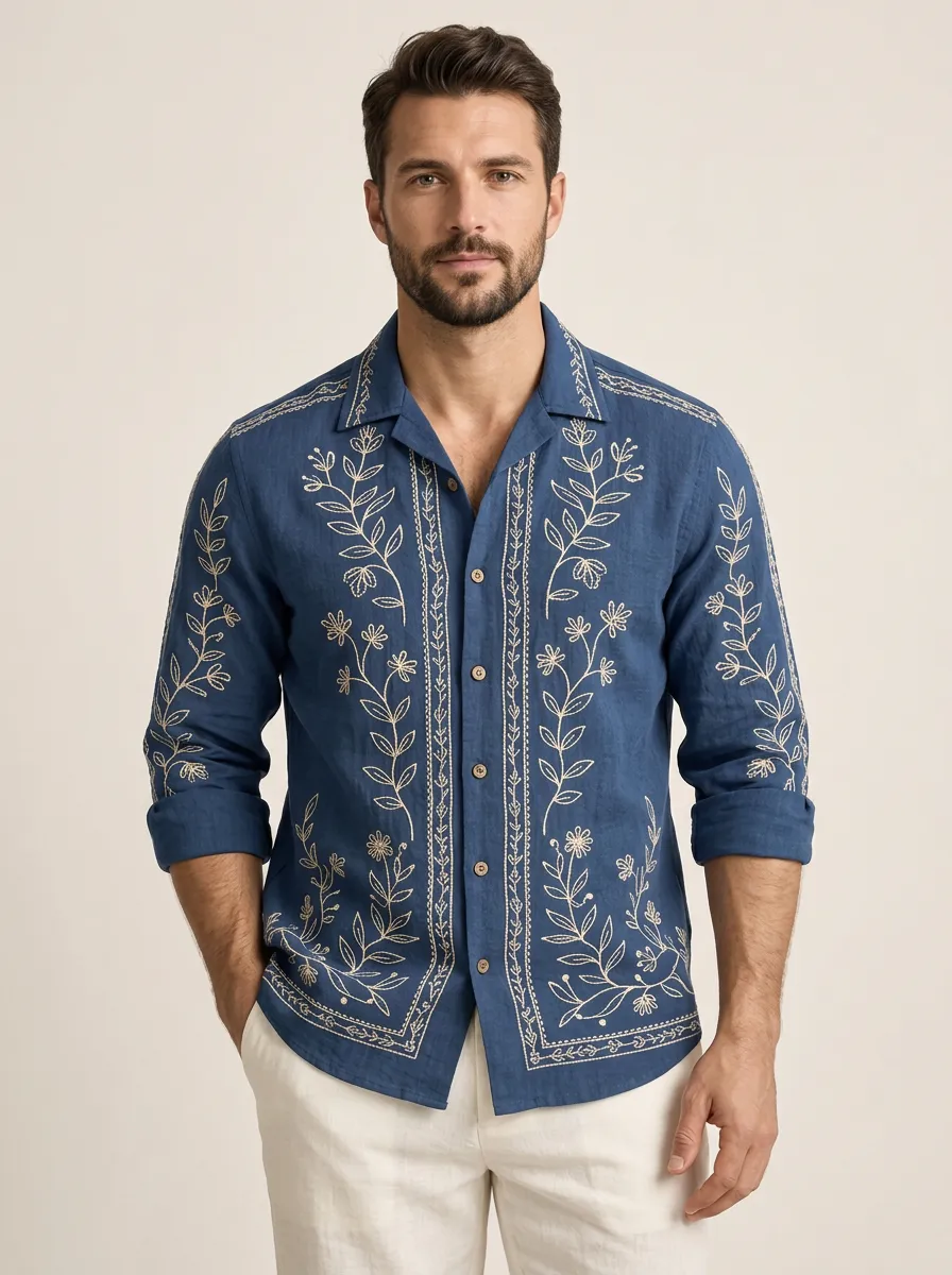 Men's Botanical Soft Pattern Embroidered Shirt