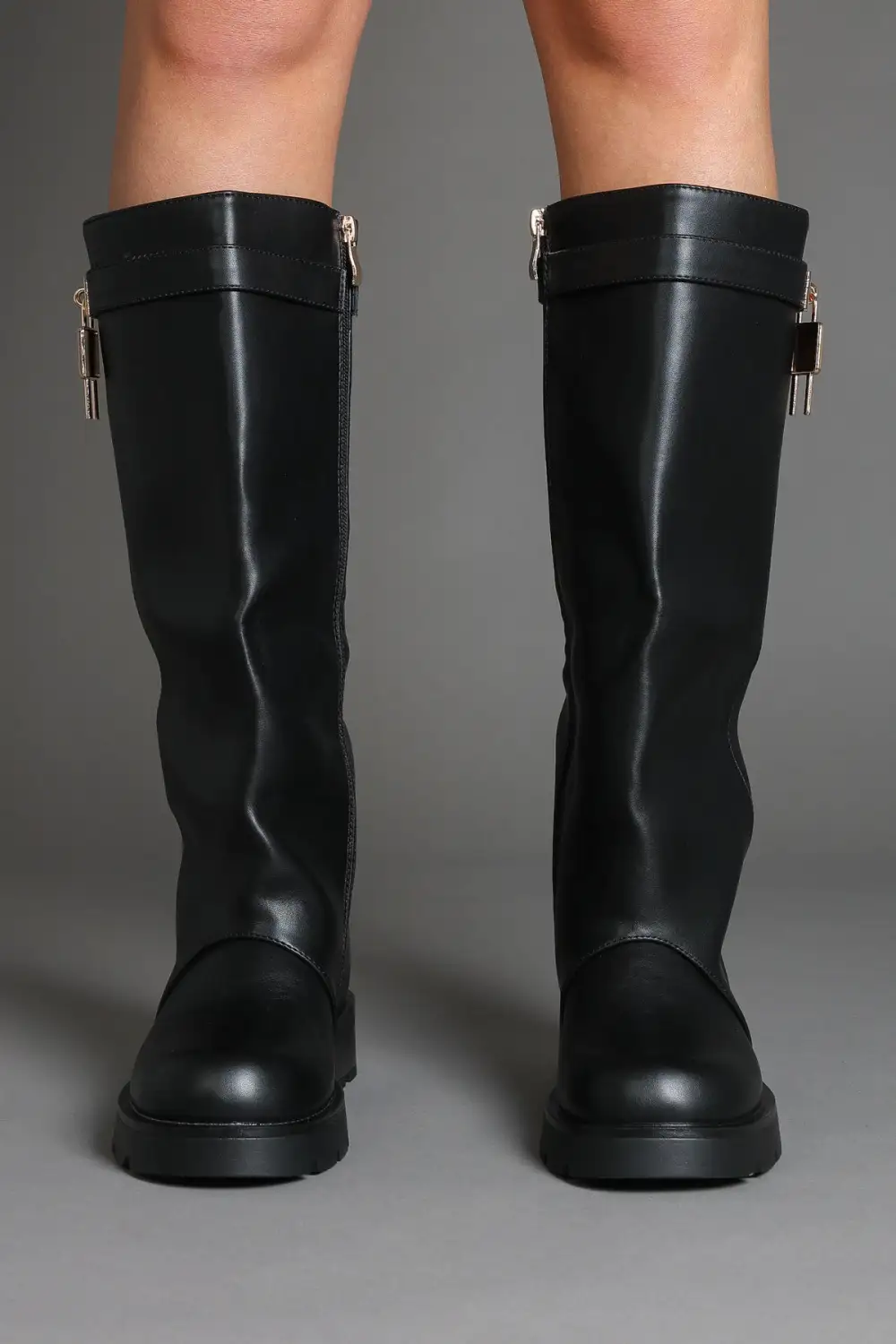 Chunky Sole Lug Sole Padlock Detail Faux Leather Knee High Boots