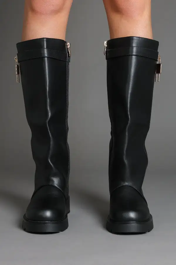 Chunky Sole Lug Sole Padlock Detail Faux Leather Knee High Boots