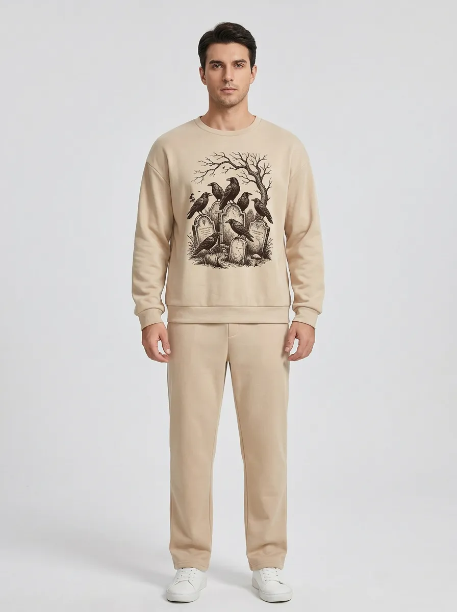 Men's Raven-Tombstone Crewneck-Sweatshirt & Cargo-Joggers Two-Piece Set