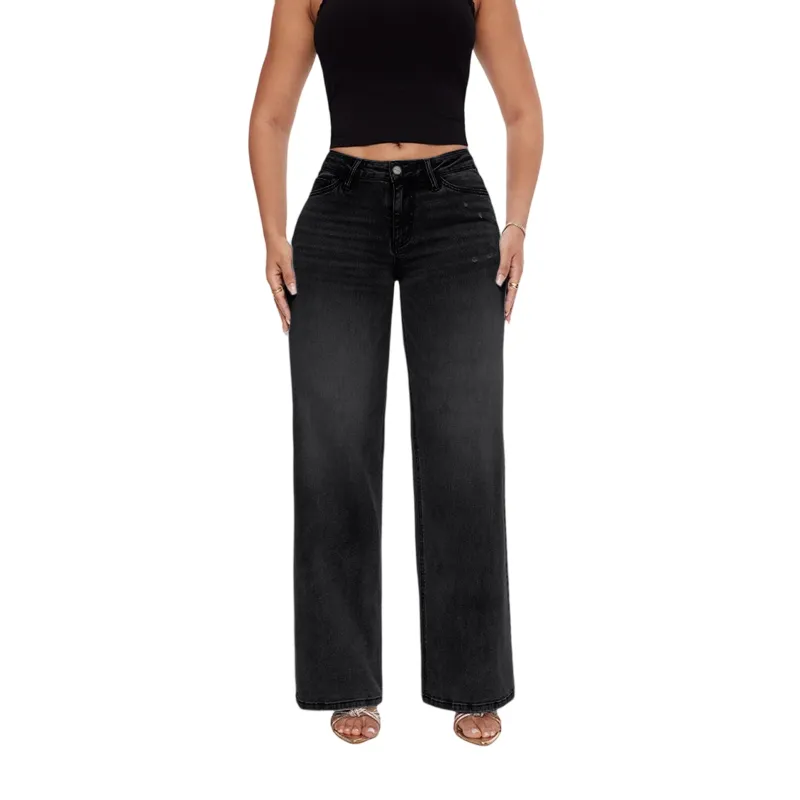 🔥Hot Sale🎁🎉Wide Leg Jeans for Women Stretchy Mid Low Rise Butts Lifting Baggy Jeans Trendy Loose Fit Cute Mom Jeans