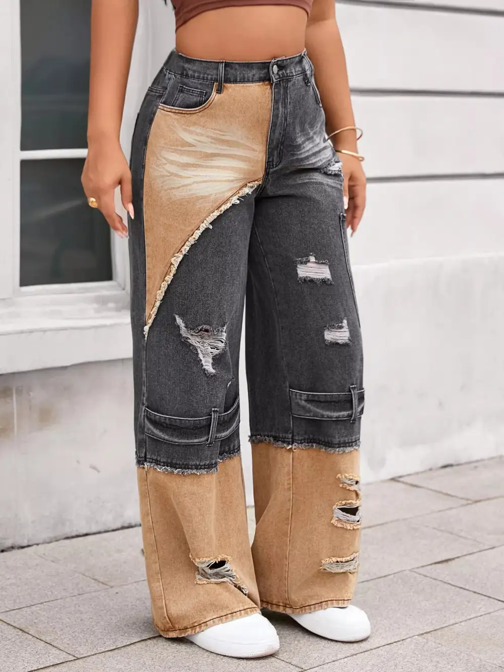 Wide Leg Ripped Denim Jeans