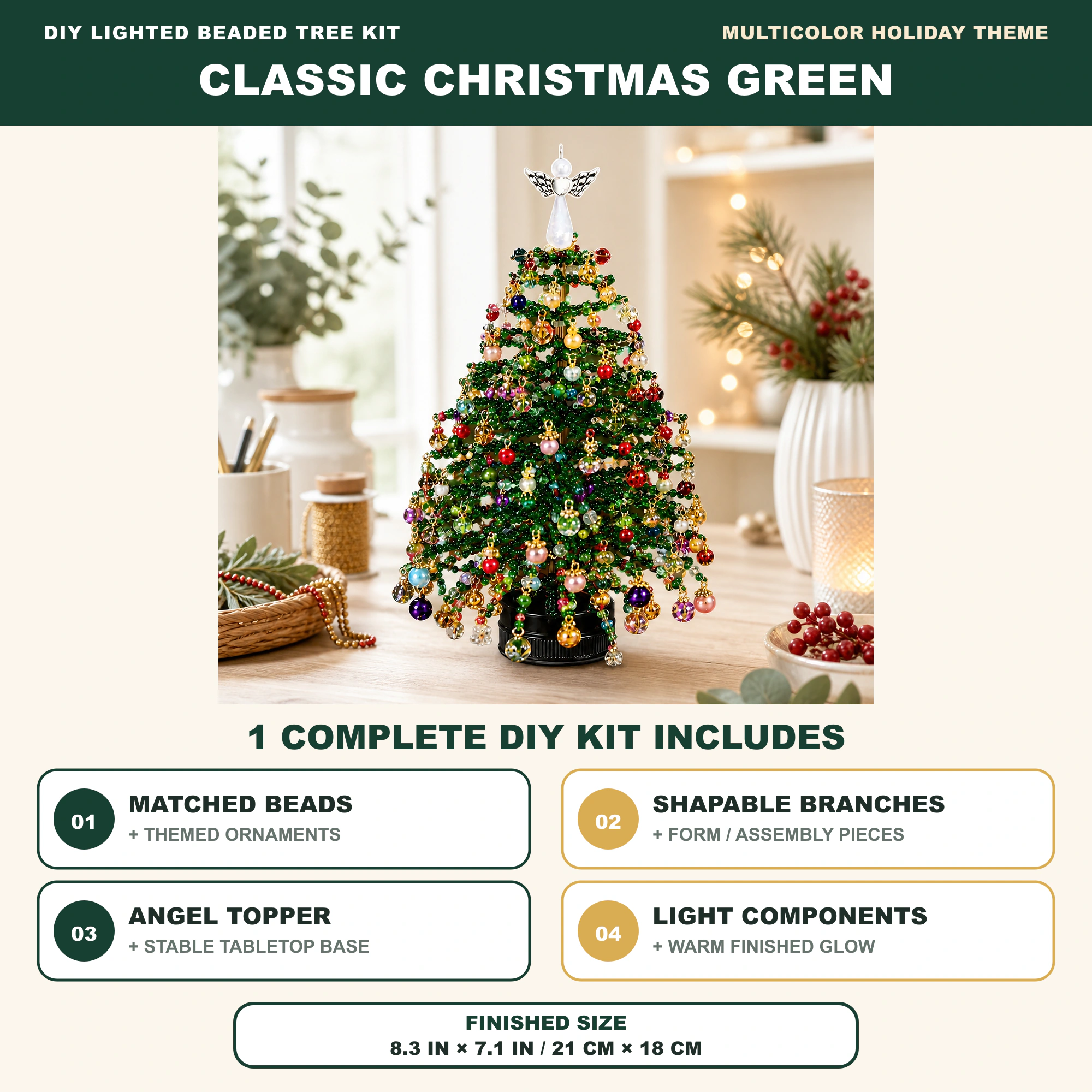 Classic Christmas Green DIY lighted beaded tabletop tree craft kit