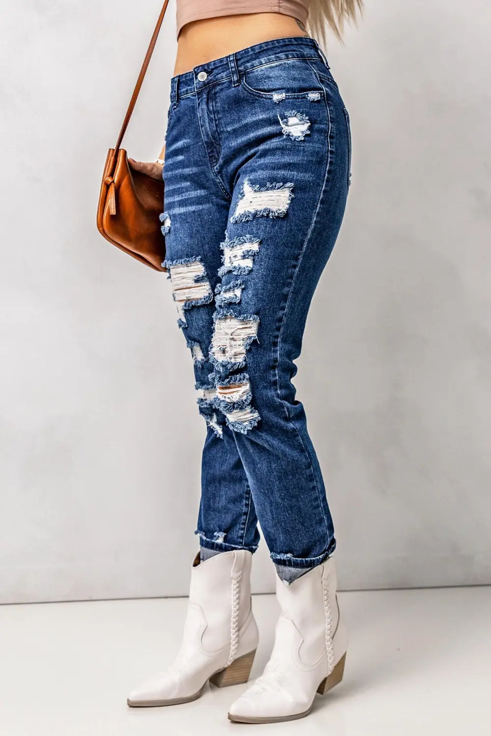 Easy High Waist Distressed Pocketed Denim Shoes
