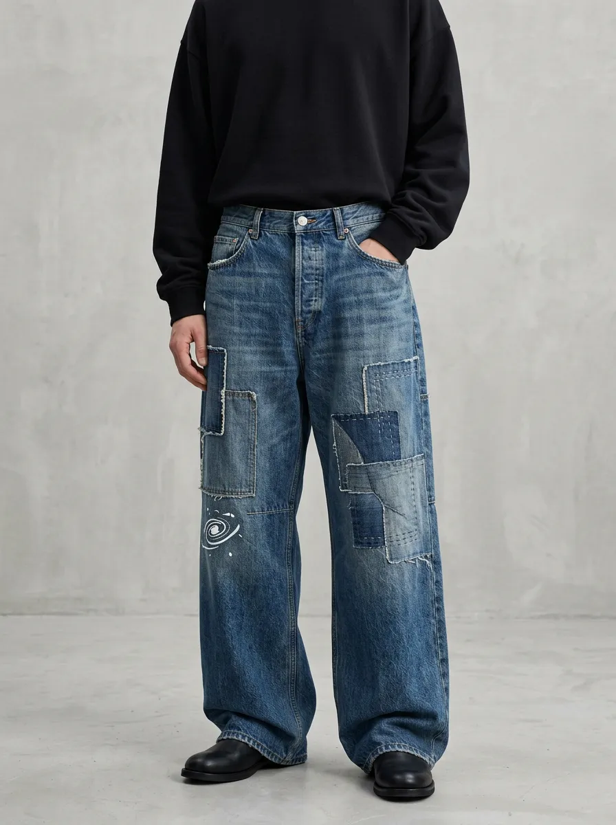 Wide Leg Patchwork Streetwear Men's Loose Fit Jeans