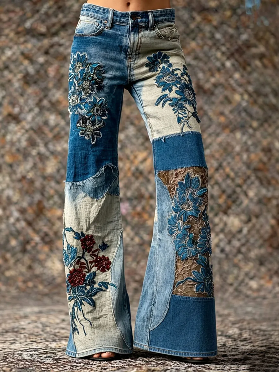 Women's Western Style Contrasting Denim Pants