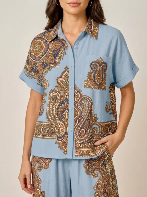 Women's Bohemian Paisley Pattern Printed Button Down Shirt