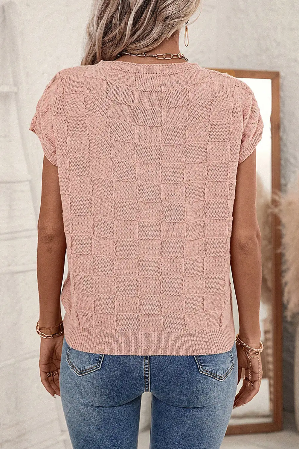 Lattice Textured Knit Short Sleeve Round Neck Sweater