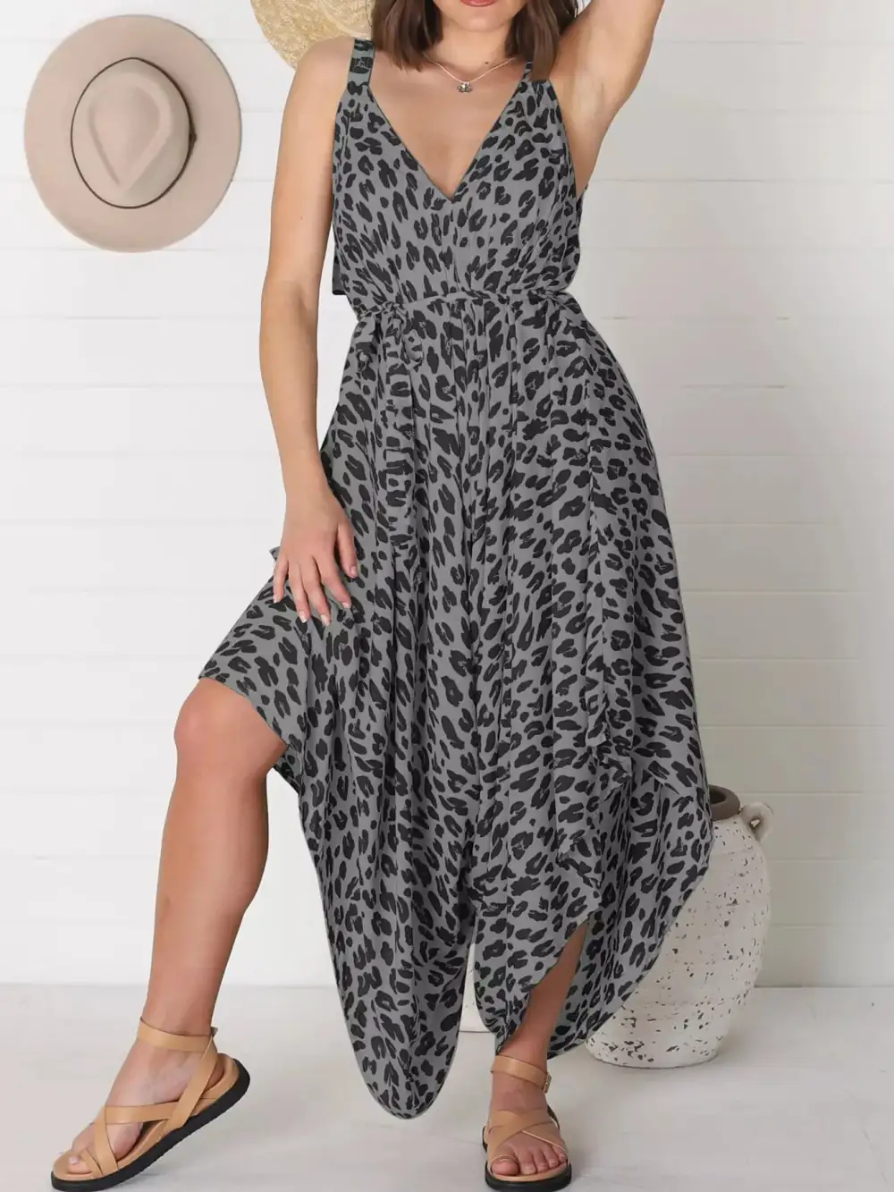 Plus Size Leopard Print V Neck Jumpsuit