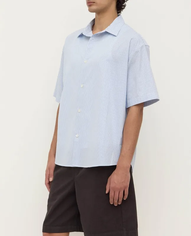 Blue & White Striped Poplin Short Sleeve Shirt