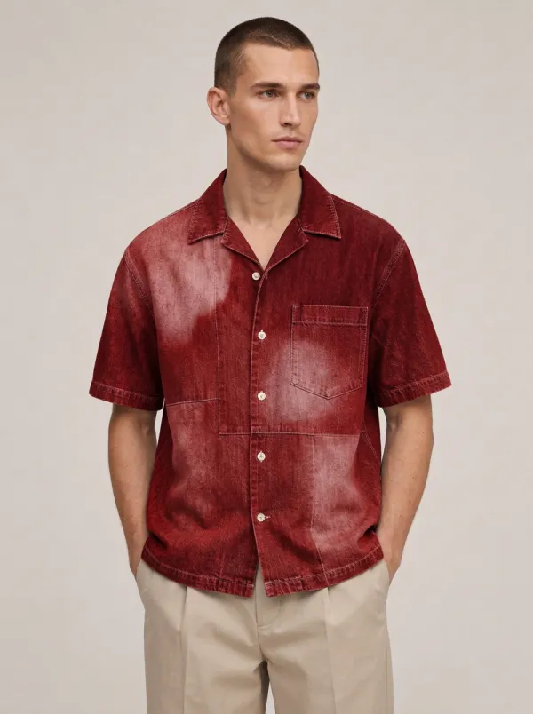Men's Vintage Acid Wash Patchwork Short Sleeve Denim Shirt