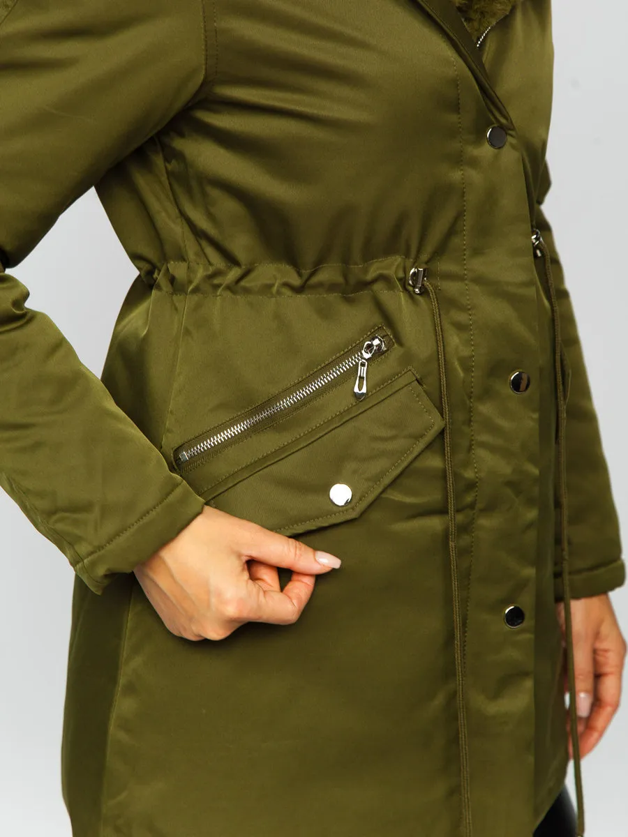 Khaki women's winter parka with hood
