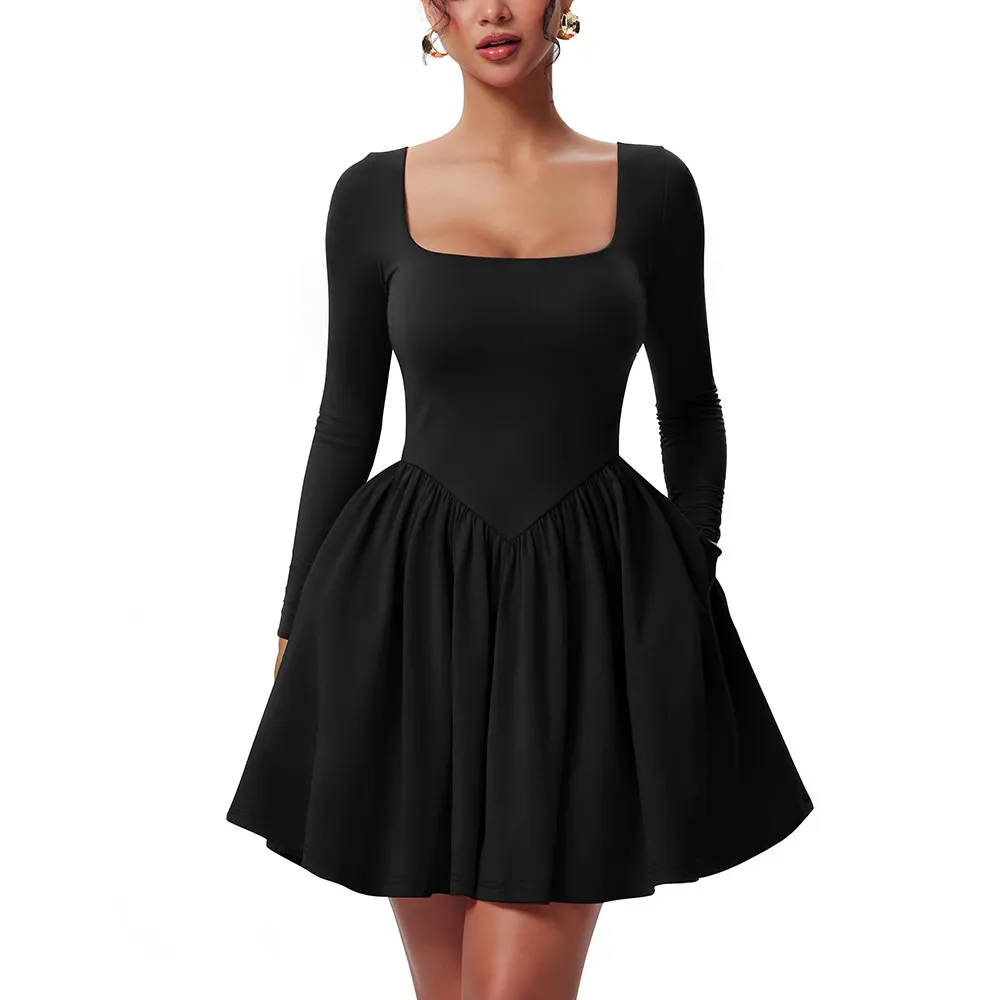 Women'S Square Neck A Line Dress With Pockets