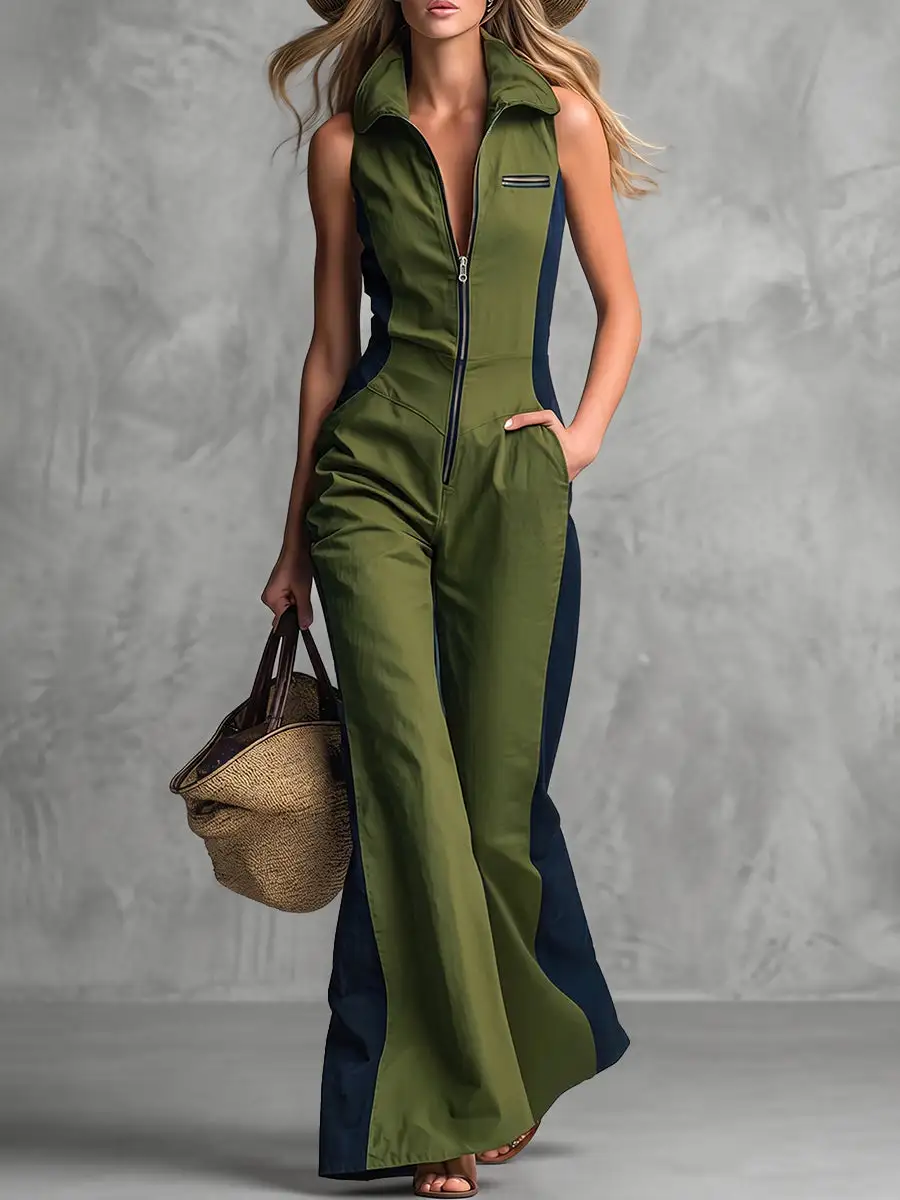 Mouwloze Jumpsuits Met Wijde Pijpen Contrasterende Kleuren En