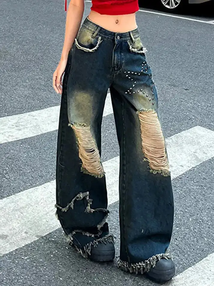 Star Rhinestone Gradient Low Waist Loose Jeans