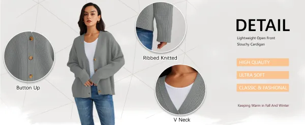 Women's Slouchy Solid Color V-Neck Button-Up Long Sleeve Cardigan & Stretch Loose Trousers Co-ord, Minimalist Two Piece Outfits, Cozy Womenswear