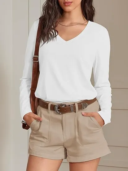 Women's V-Neck Long Sleeve Tee - Soft Curved Hem Top