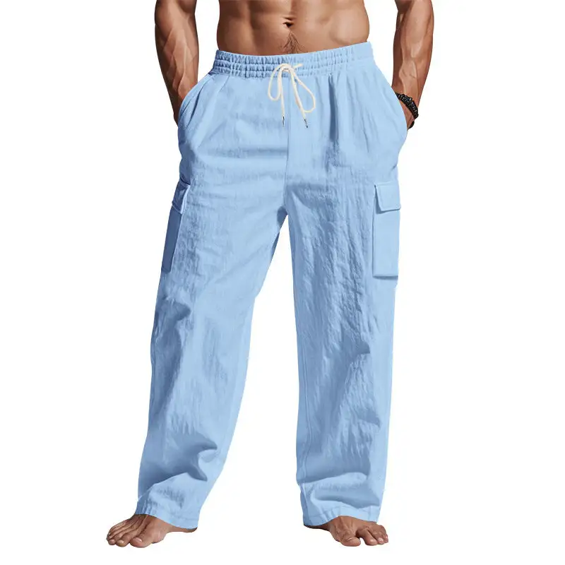 Men's Loose Linen Cargo Pants Waistband Pockets