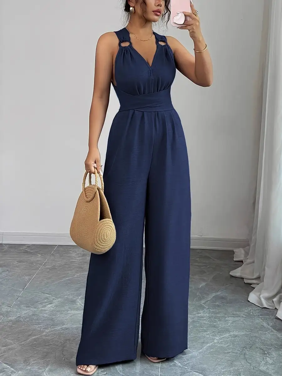 Hoog Getailleerde Mouwloze Rugloze Effen Kleur Gebonden Jumpsuits