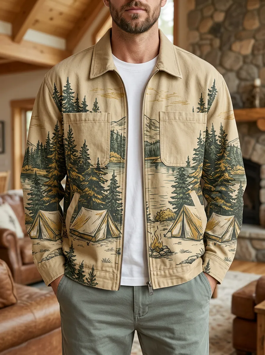 Men's Camping Lover Forest Mountain Printed Jacket