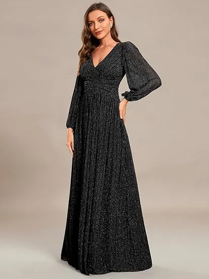 【EVER PRETTY 】curvy dress,Glittery Empire Waist A-Line Dress with Long Lantern Sleeves