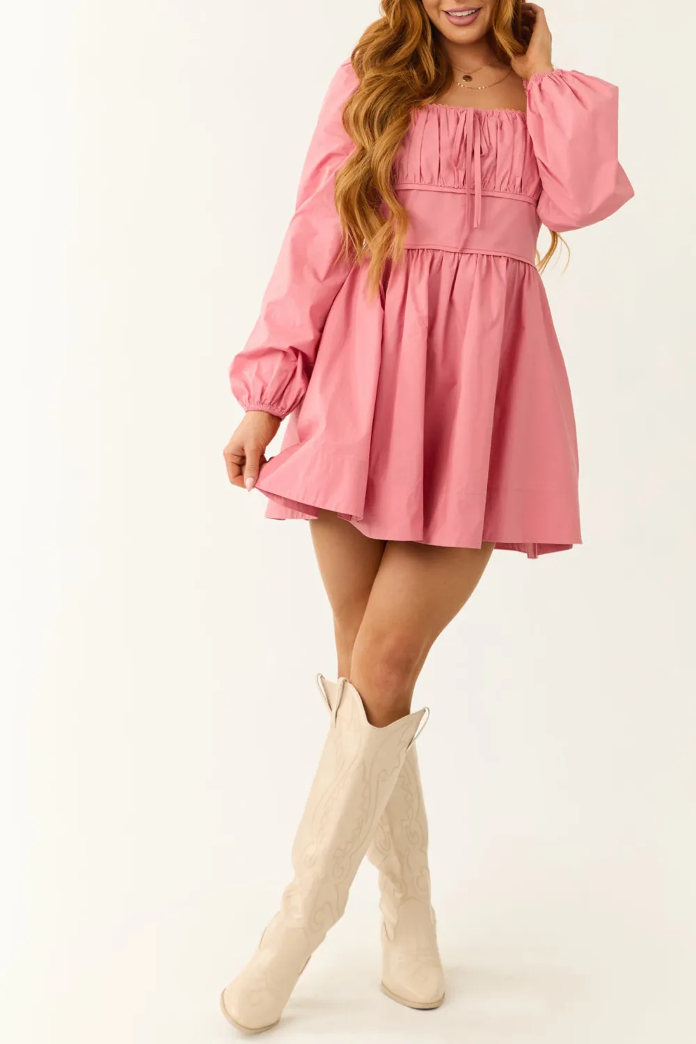 Light Punch Long Sleeve Tie Front Short Dress