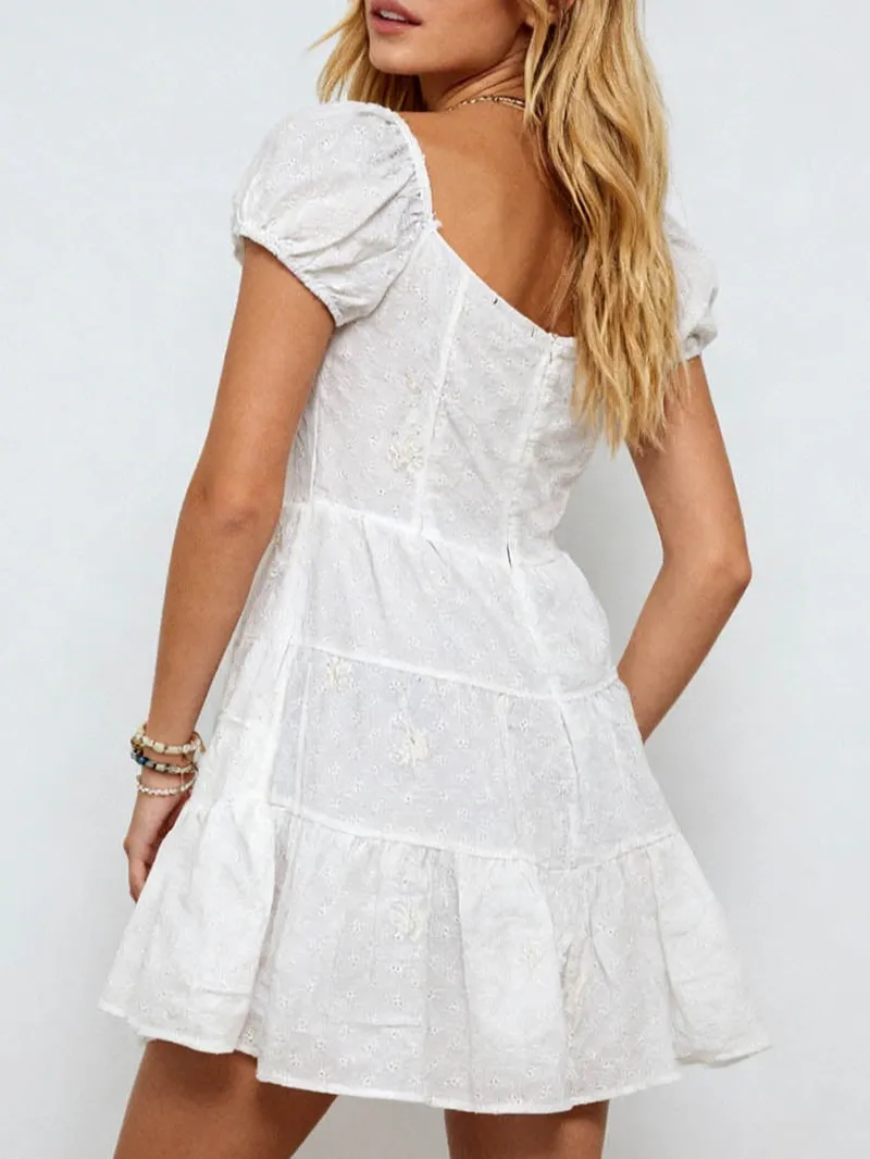 Romantic Eyelet Waist Puff Sleeves Mini Dress