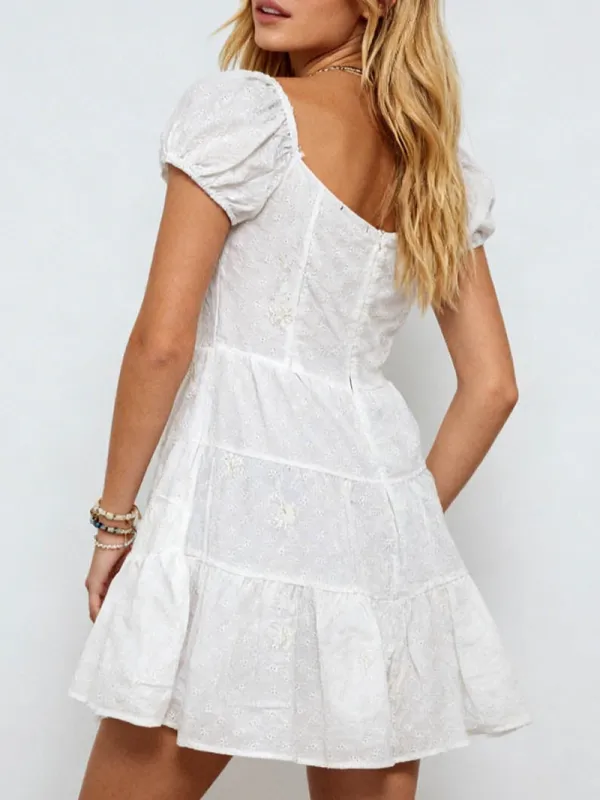 Romantic Eyelet Waist Puff Sleeves Mini Dress