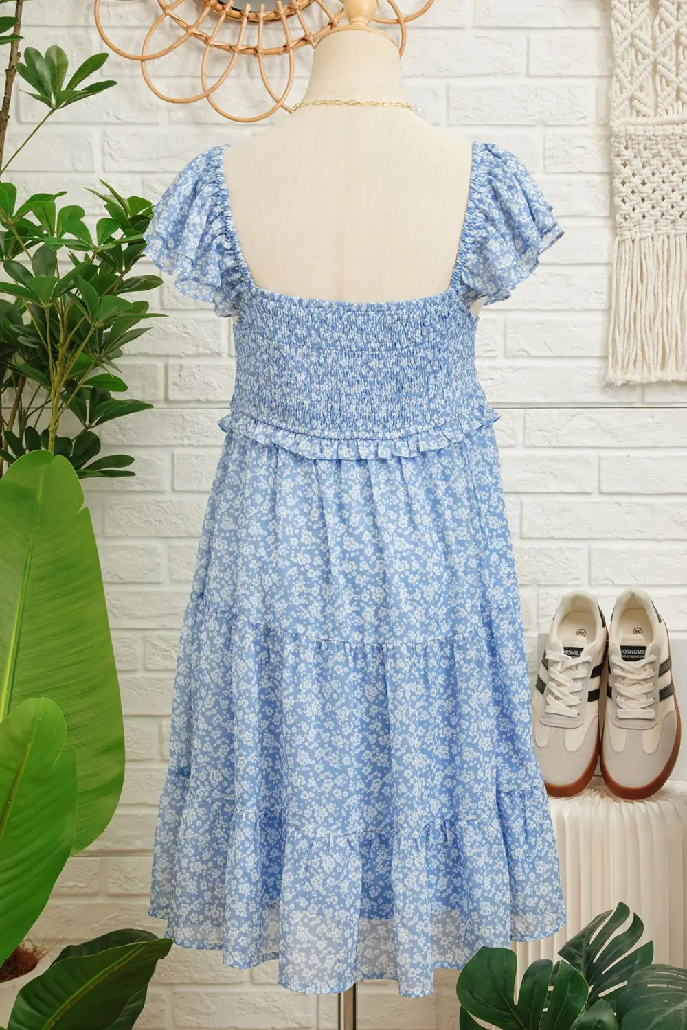 Layered Detail Floral Printed Square Neck Mini Dress