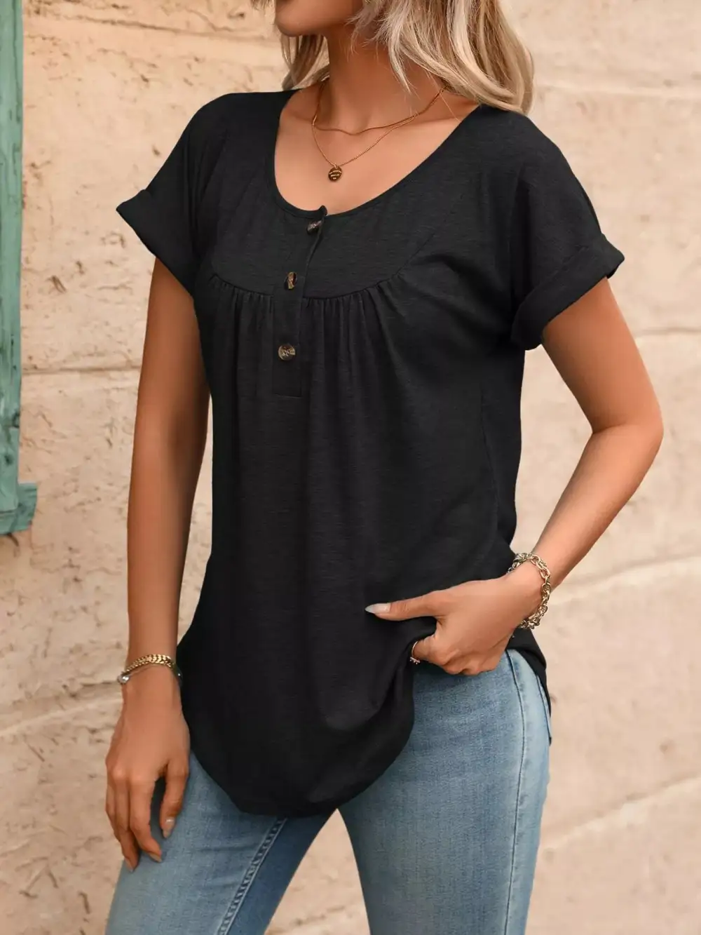 Casual Button Detail Henley T Shirt