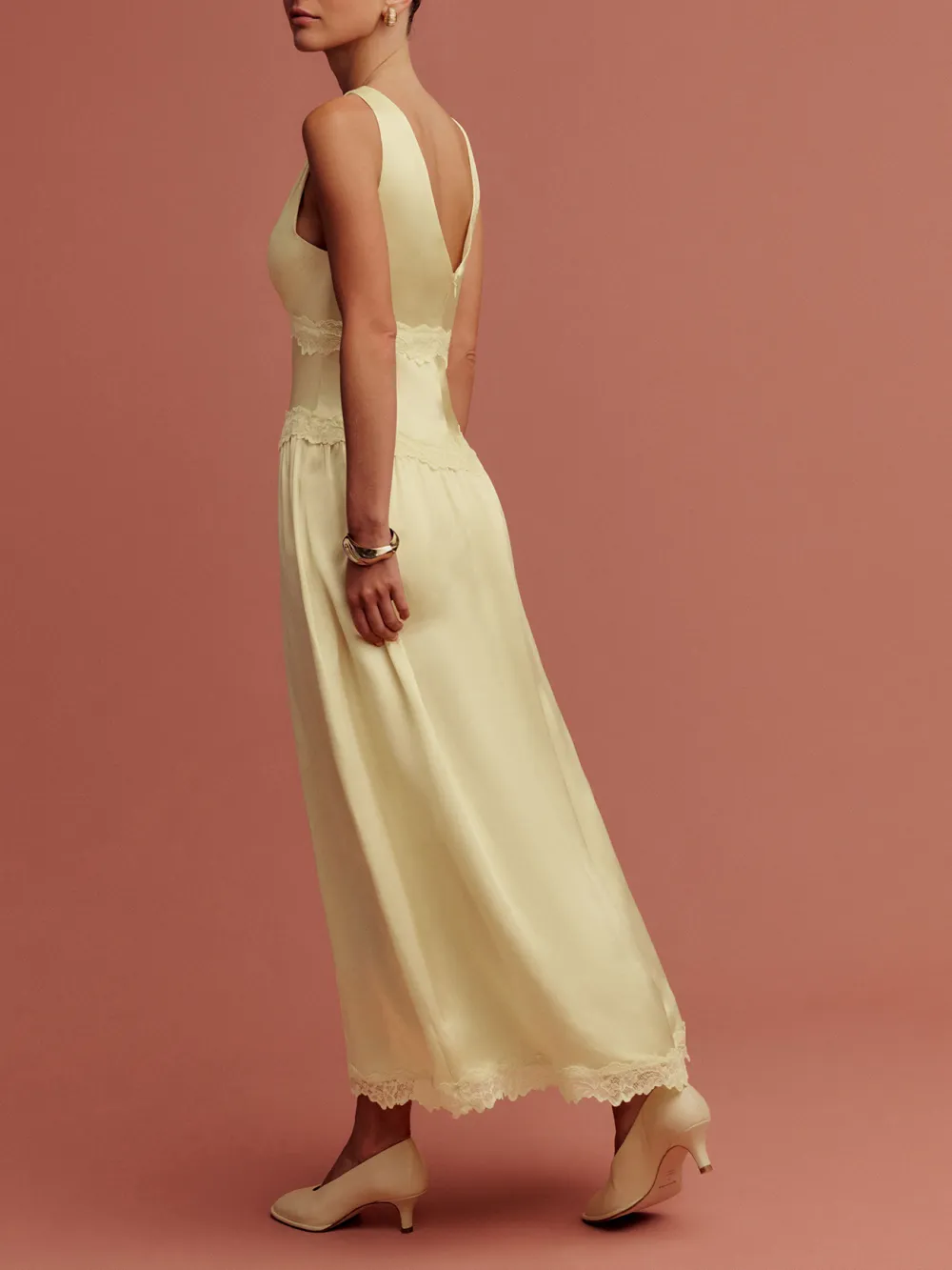 V Neck Lace Hem Silk Midi Dress