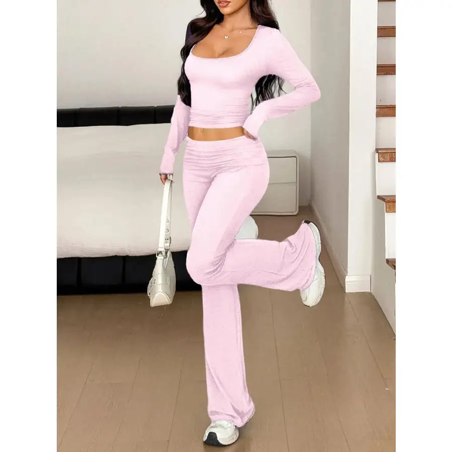 Long Sleeve Crop Top and Bootcut Pants Set