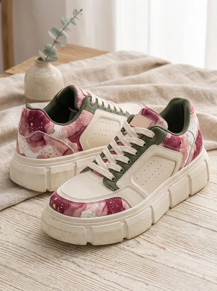 Women's Watercolor Floral Gold Speckle Printed Platform Sneakers