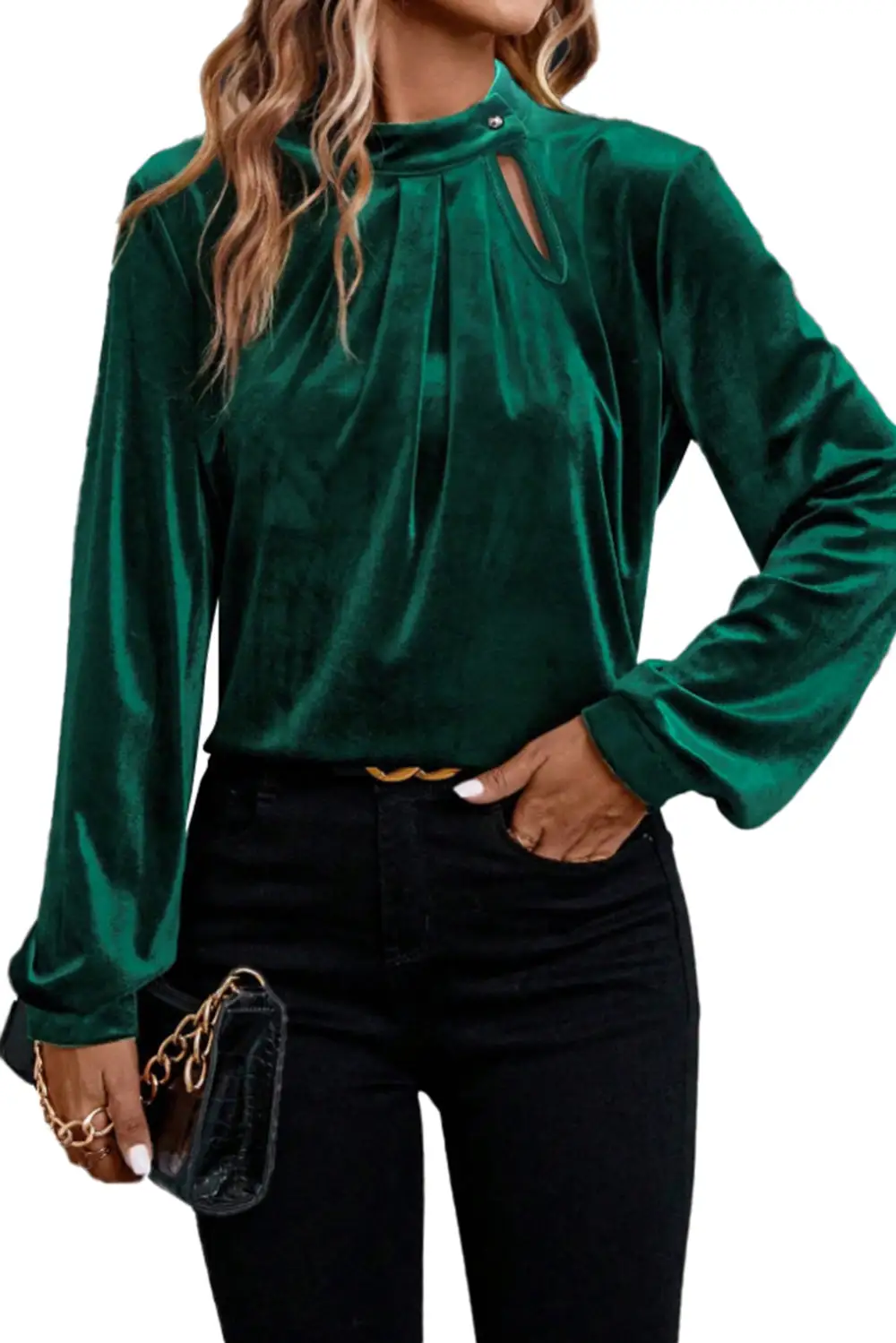 Velvet Long Sleeve Button Front Blouse