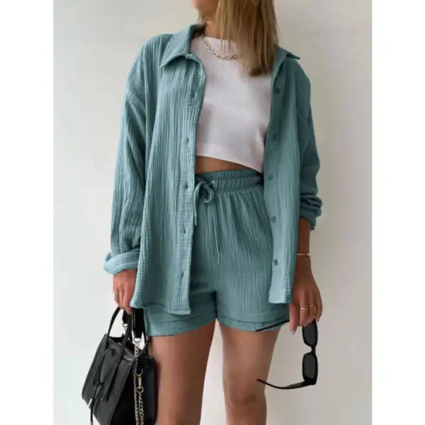 Textured Button Up Shirt and Shorts Set