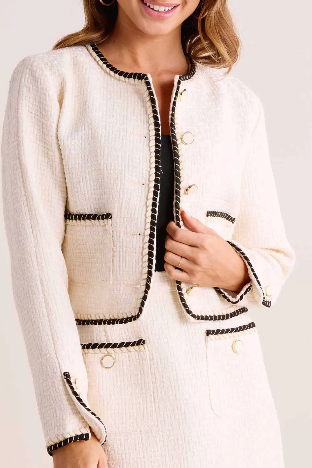 Beige Tweed Contrast Stitch Classic Cropped Jacket