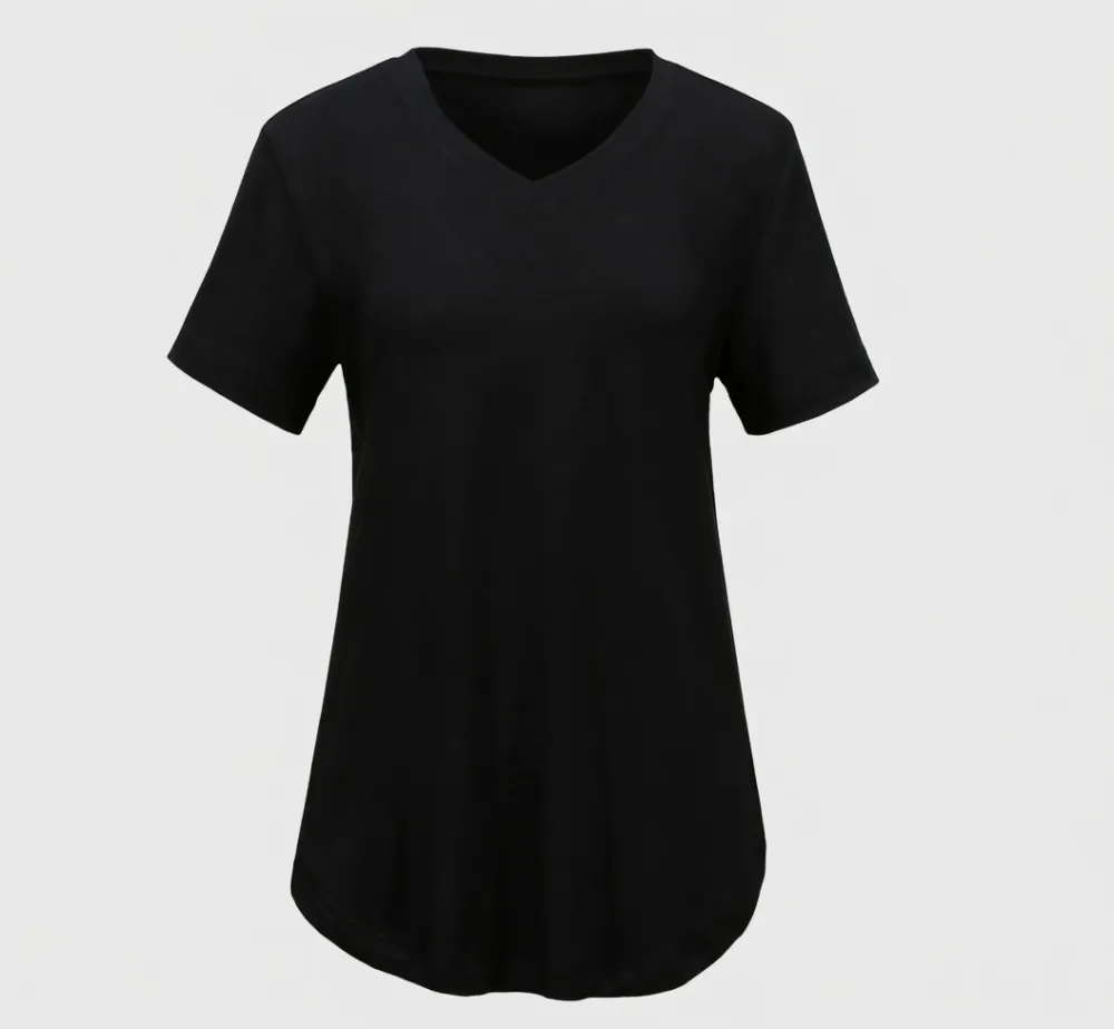 Women's Casual V-Neck Solid Color T-Shirt with Curved Hem