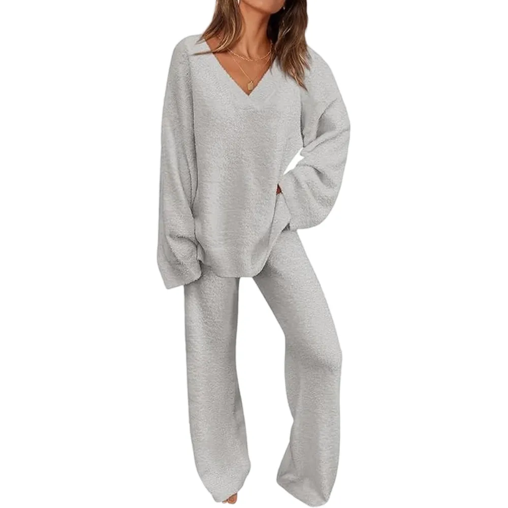 Women's 2-Piece Lounge Set Soft Chunky V Neck Tops& Wide Leg Long