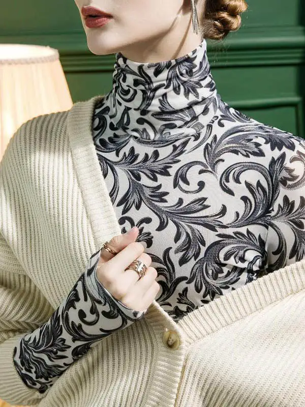 Long Sleeve Slim Fit Contrast Panel Detail High Neck Polyester T-Shirt