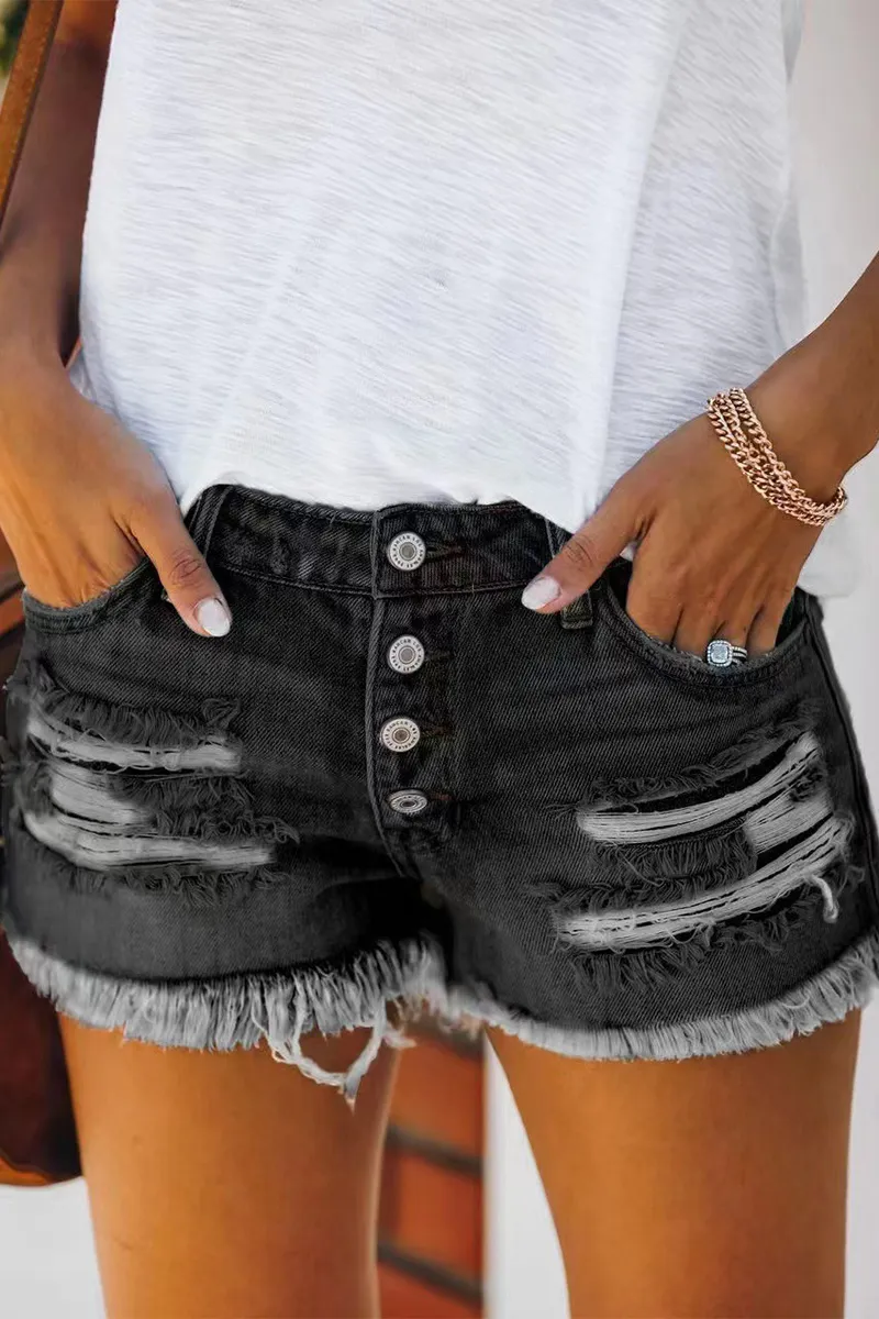 Button Fly Distressed Raw Hem Denim Shorts